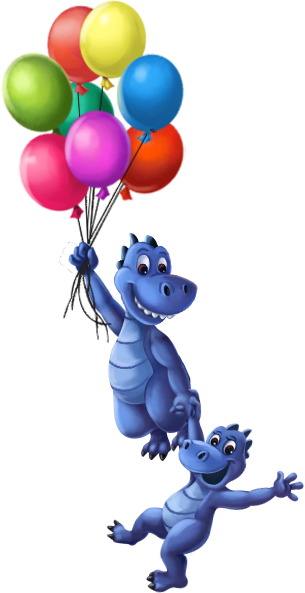 Dinos flying up with balloons